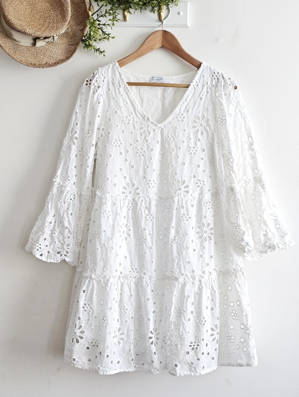 Mud Pie White Eyelet Cotton Tiered Mini Dress Bell Sleeve Boho Size M